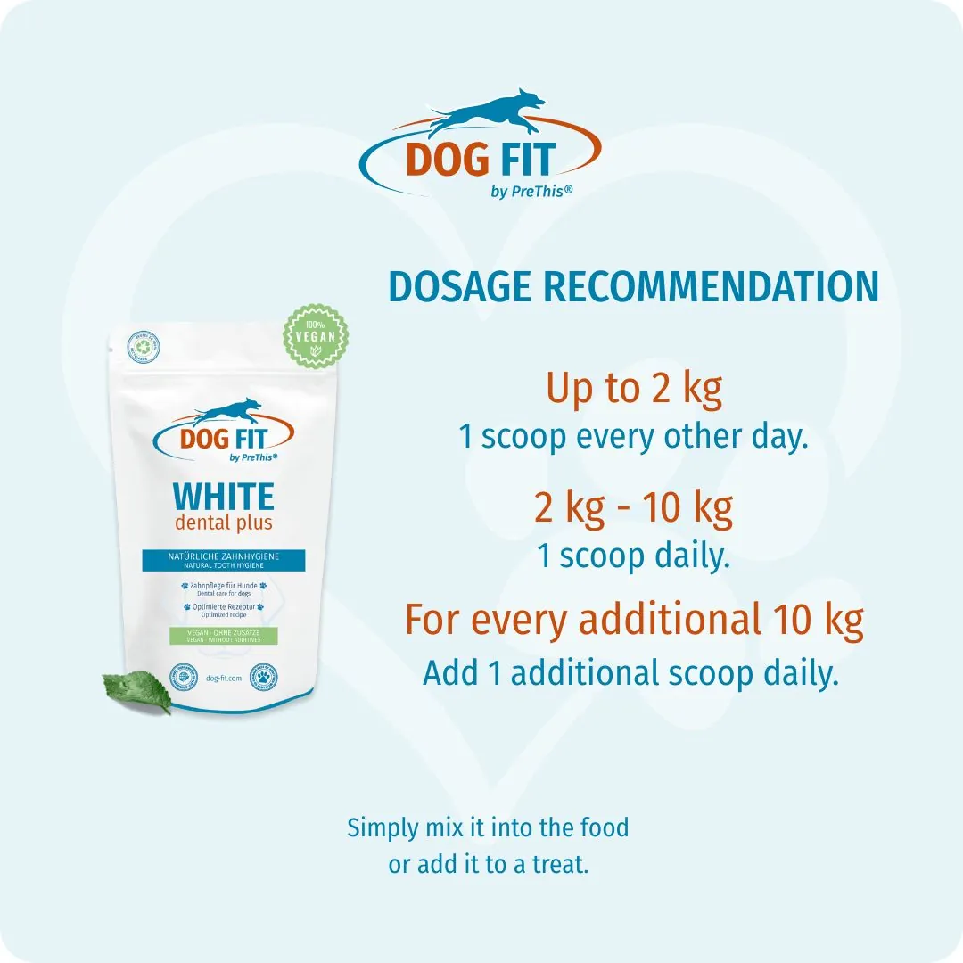 DOG FIT by PreThis® WHITE dental plus – Recommended dosage by body weight