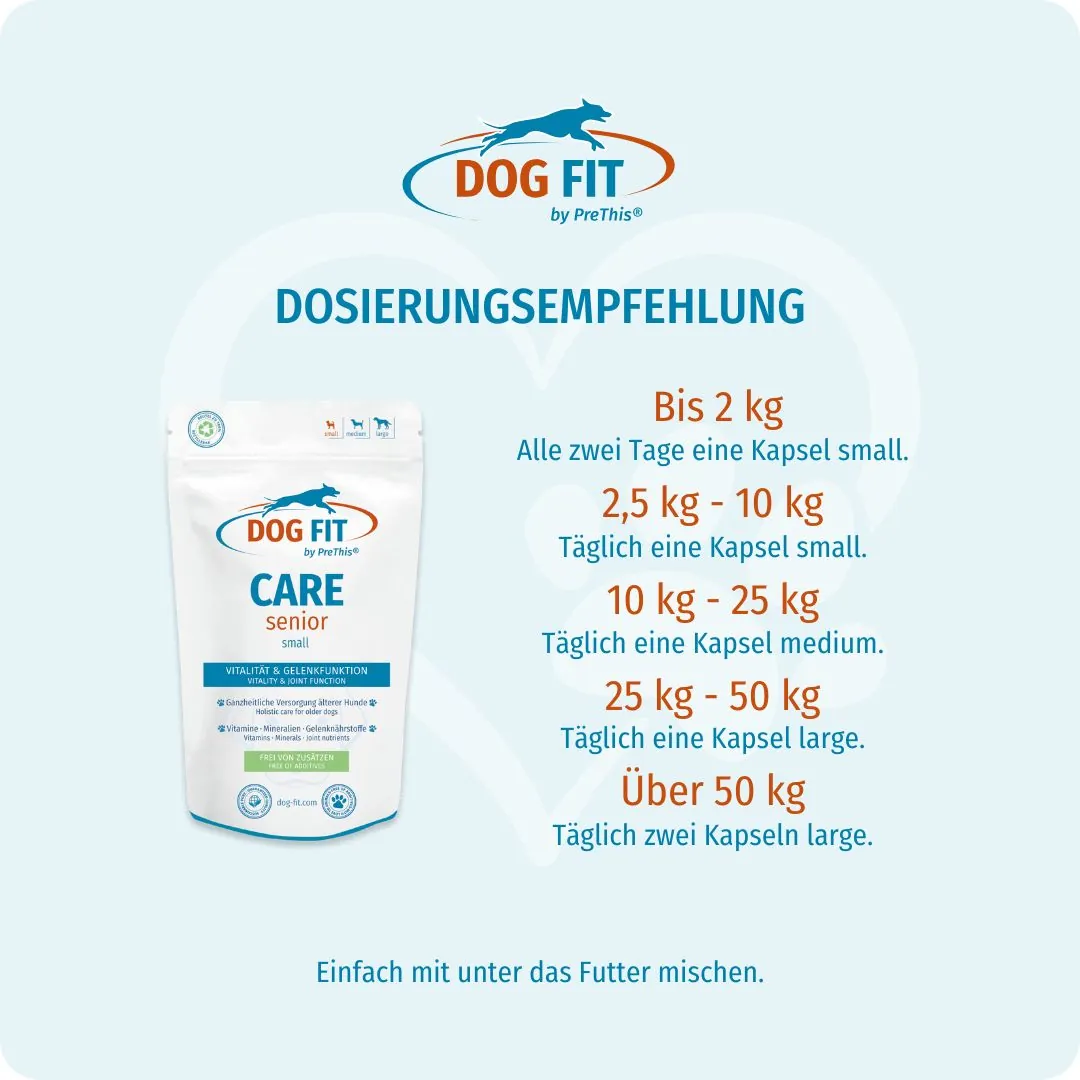 DOG FIT by PreThis® CARE senior small – Dosierungsempfehlung nach Körpergewicht