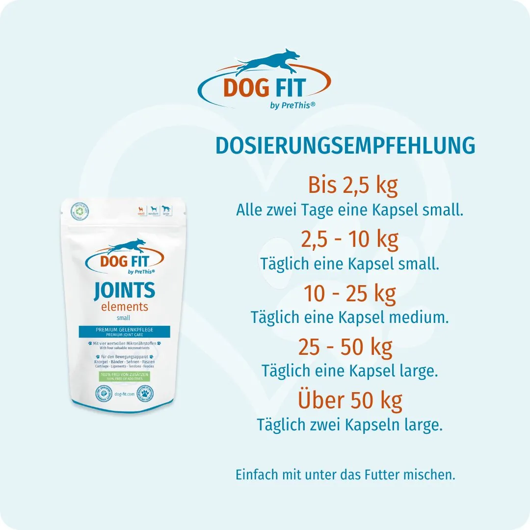 DOG FIT by PreThis® JOINTS elements small – Dosierungsempfehlung nach Körpergewicht