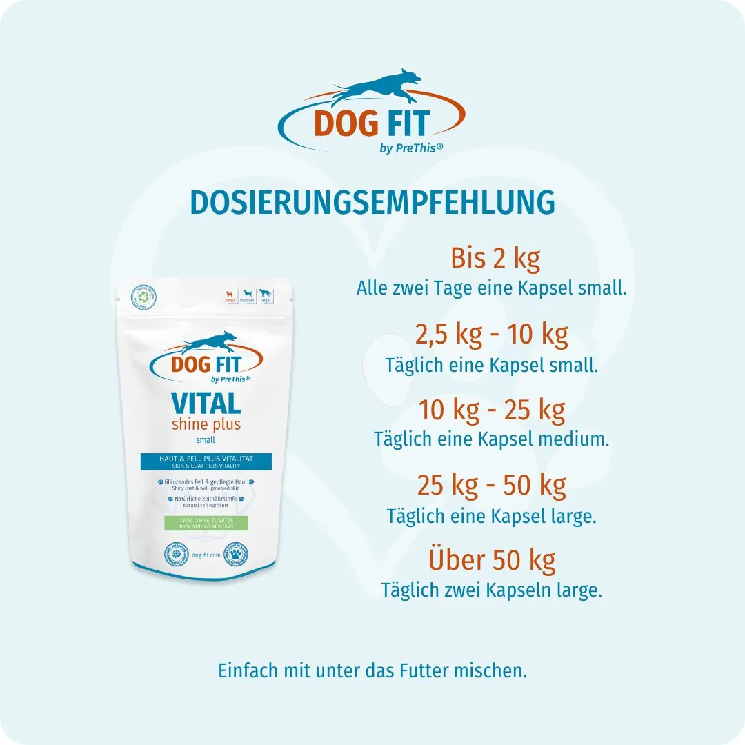 DOG FIT by PreThis® VITAL shine plus small – Dosierungsempfehlung nach Körpergewicht