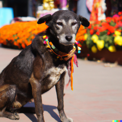 Dettaglio della pittura rituale Tika sulla fronte di un cane
