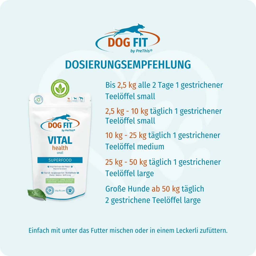 DOG FIT by PreThis® VITAL health small – Dosierungsempfehlung nach Körpergewicht