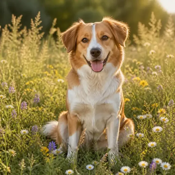 Hund sitzt entspannt auf einer Frühlingswiese